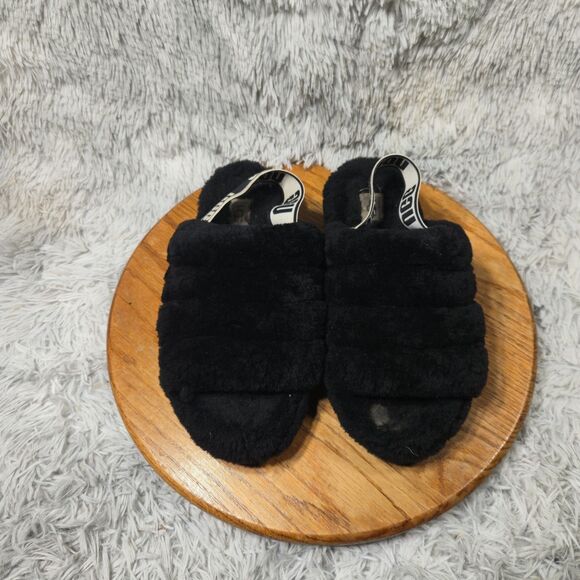 UGG Australia Fluff Yeah Womens Sz 8 Black Sheepskin Elastic Comfy Winter Slides - Picture 1 of 10